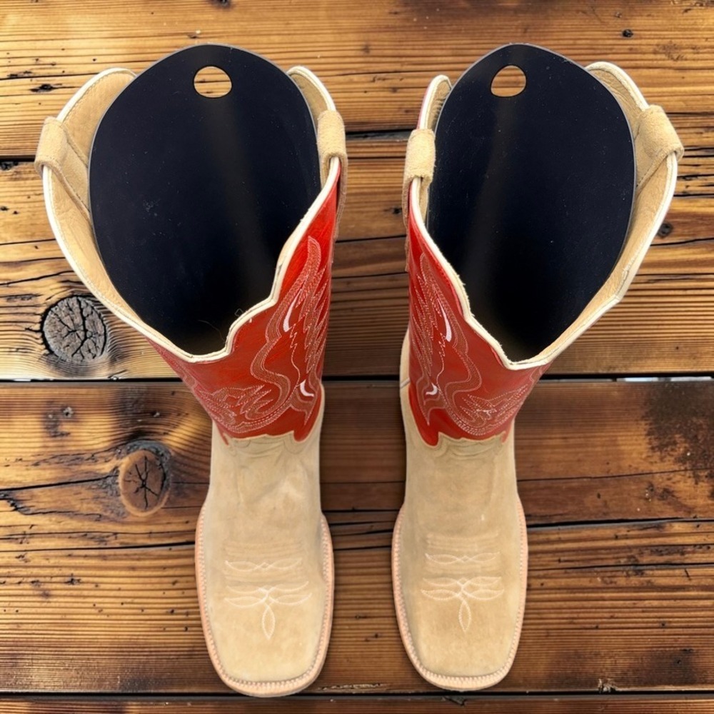 R. Watson Mens 12 EE Handcrafted Tan Suede Red Leather Cowboy Boots 8207 2 - Picture 6 of 15
